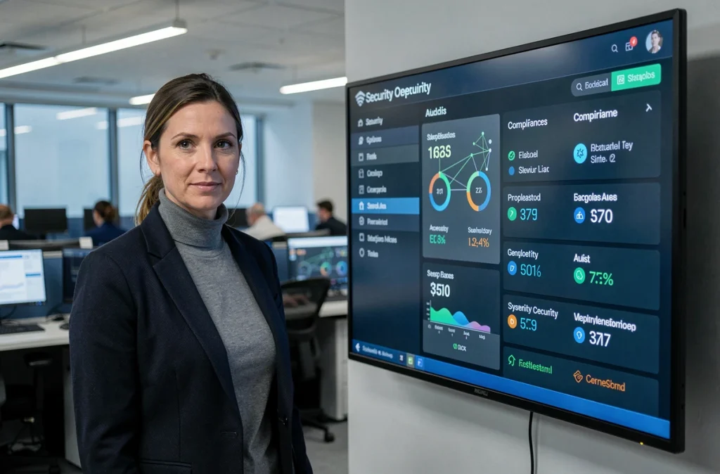Spécialiste en cybersécurité féminine debout devant un tableau de bord d'audit de sécurité réseau dans un centre d'opérations de sécurité