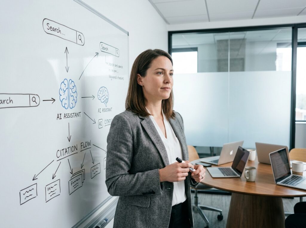 Professionnelle présentant une stratégie GEO sur un tableau blanc pour améliorer la visibilité d'une marque dans les réponses des IA