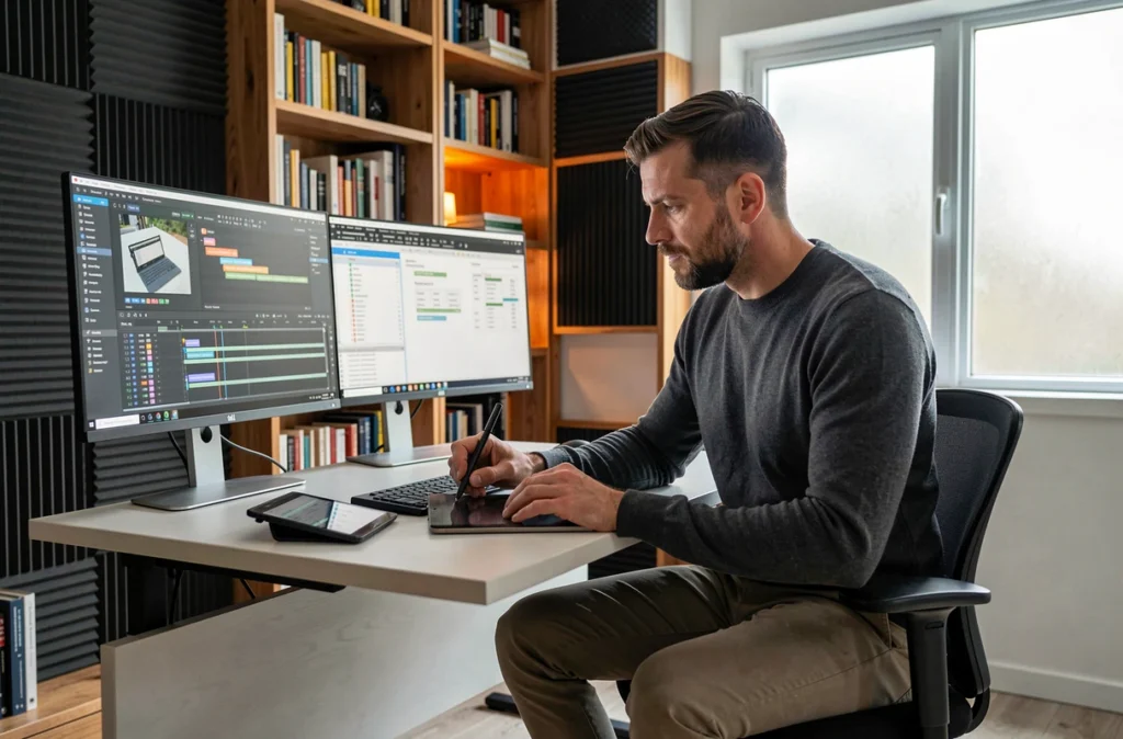 Professionnel du multimédia travaillant sur une stratégie web 2026 avec double écran et tablette graphique dans un bureau home studio