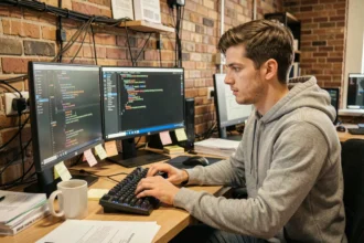 Développeur de TechInformatique concentré sur du débogage de code dans un bureau de startup tech avec deux moniteurs