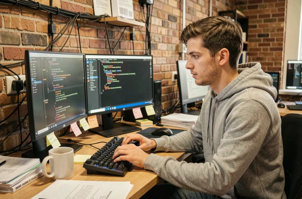 Développeur de TechInformatique concentré sur du débogage de code dans un bureau de startup tech avec deux moniteurs