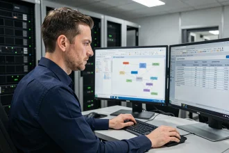Technicien IT masculin en chemise bleue analysant des documents de conformité réseau sur deux écrans dans une salle serveur moderne