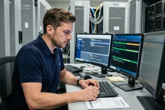Technicien informatique supervisant une migration de système d'exploitation sur plusieurs écrans dans une salle de serveurs