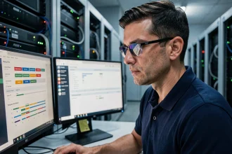 Technicien informatique vérifiant des sauvegardes de données sur des serveurs en salle informatique