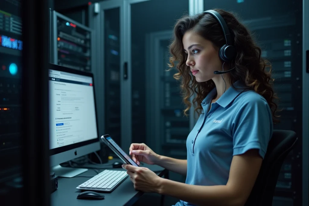 Technicienne informatique consultant une liste de dépannage pour résoudre un problème de connexion webmail HCL en salle serveur