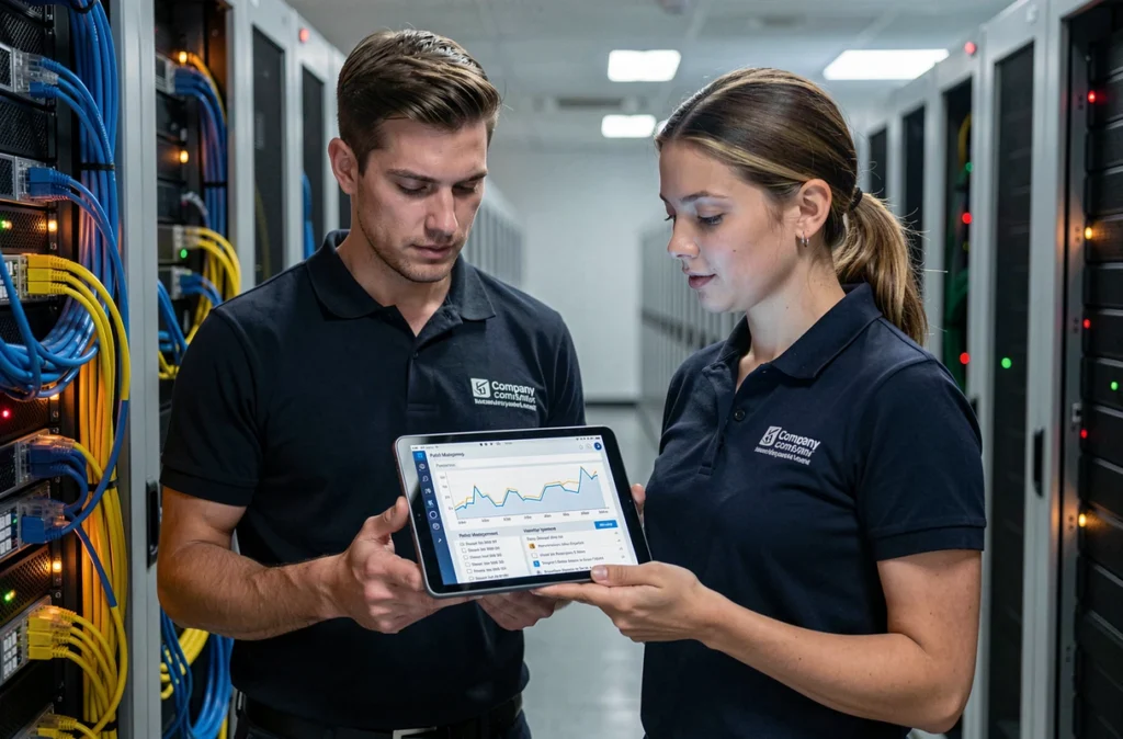 Deux techniciens informatiques analysant un tableau de bord de gestion des mises à jour dans une salle de serveurs