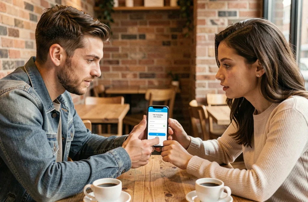 Deux personnes configurant la vérification en deux étapes de WhatsApp ensemble dans un café urbain