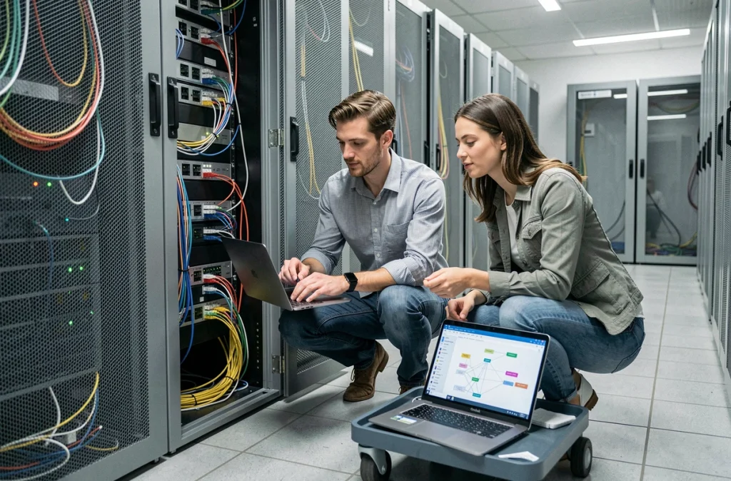 Deux ingénieurs réseau de Weodeo travaillant sur une baie réseau dans une salle serveur de PME parisienne