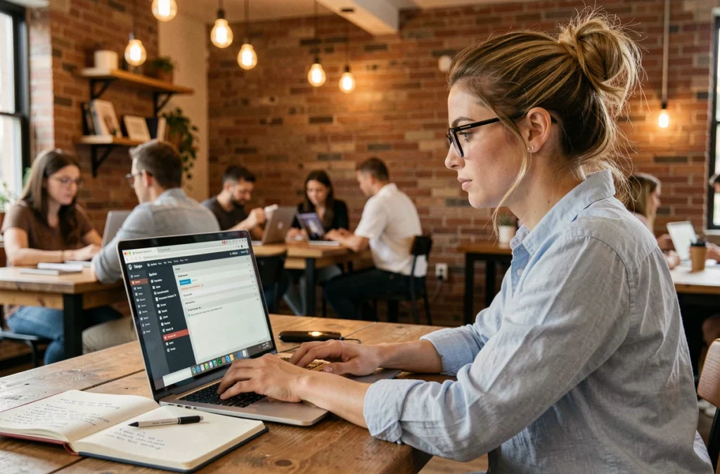 Développeuse WordPress de WP Fairly travaillant sur un thème personnalisé dans un espace de coworking avec briques apparentes