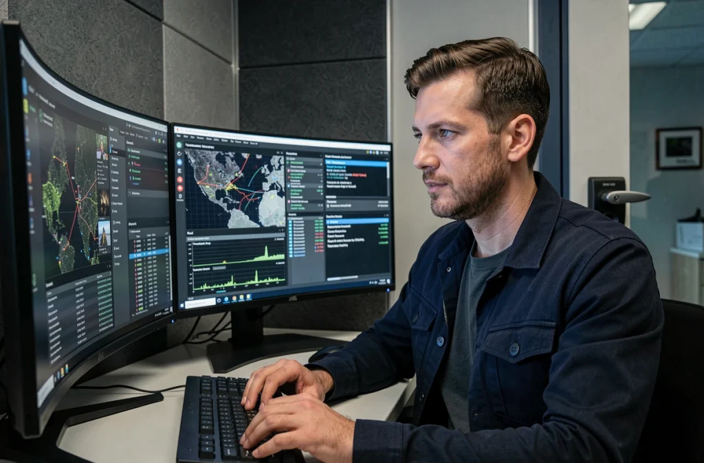 Analyste cybersécurité chez Ziema devant un poste de supervision des menaces informatiques dans un bureau parisien sécurisé